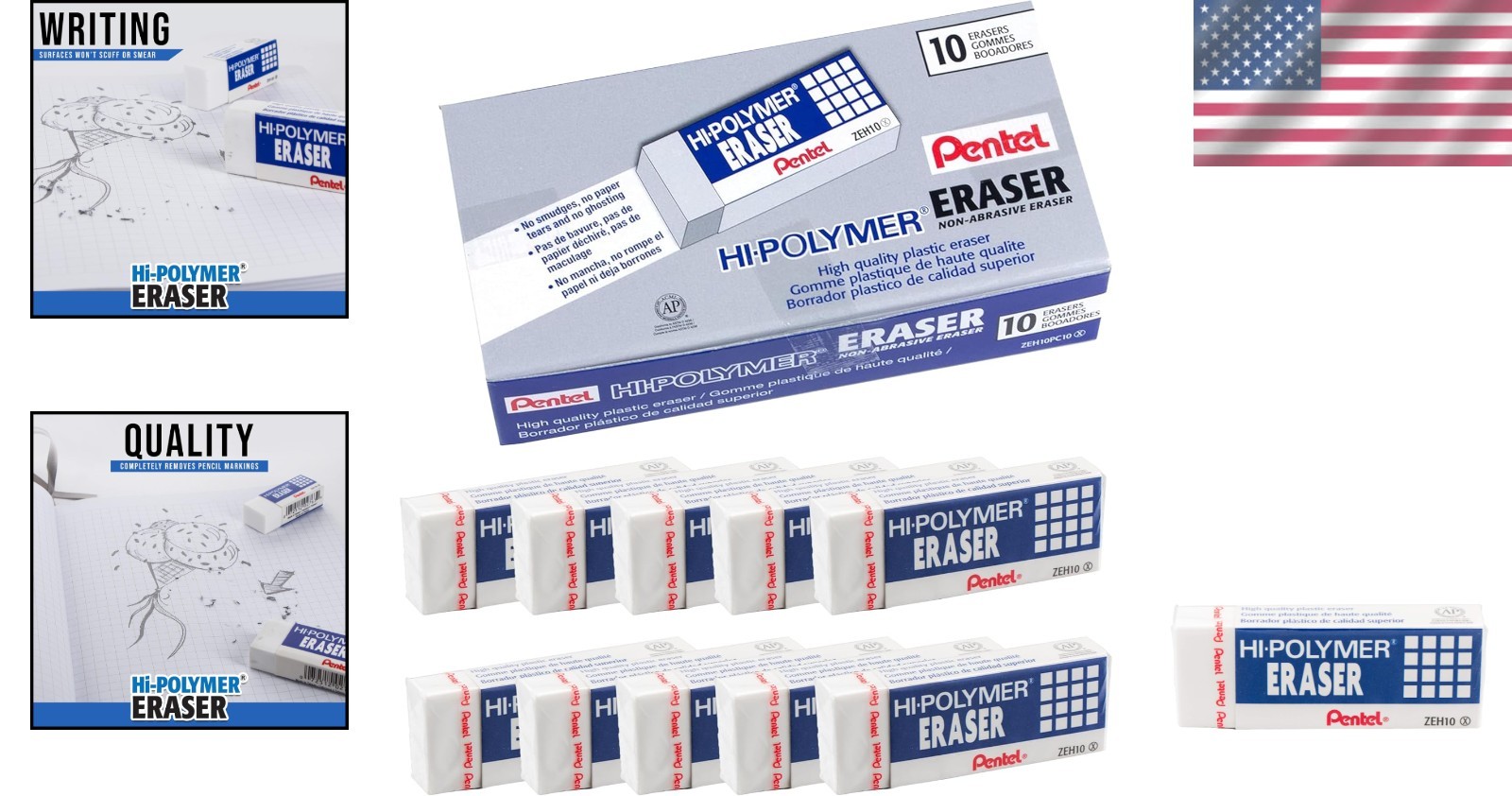 Ultimate Pack of 10 – Hi-Polymer Large Erasers, Tear and Smudge Resistant