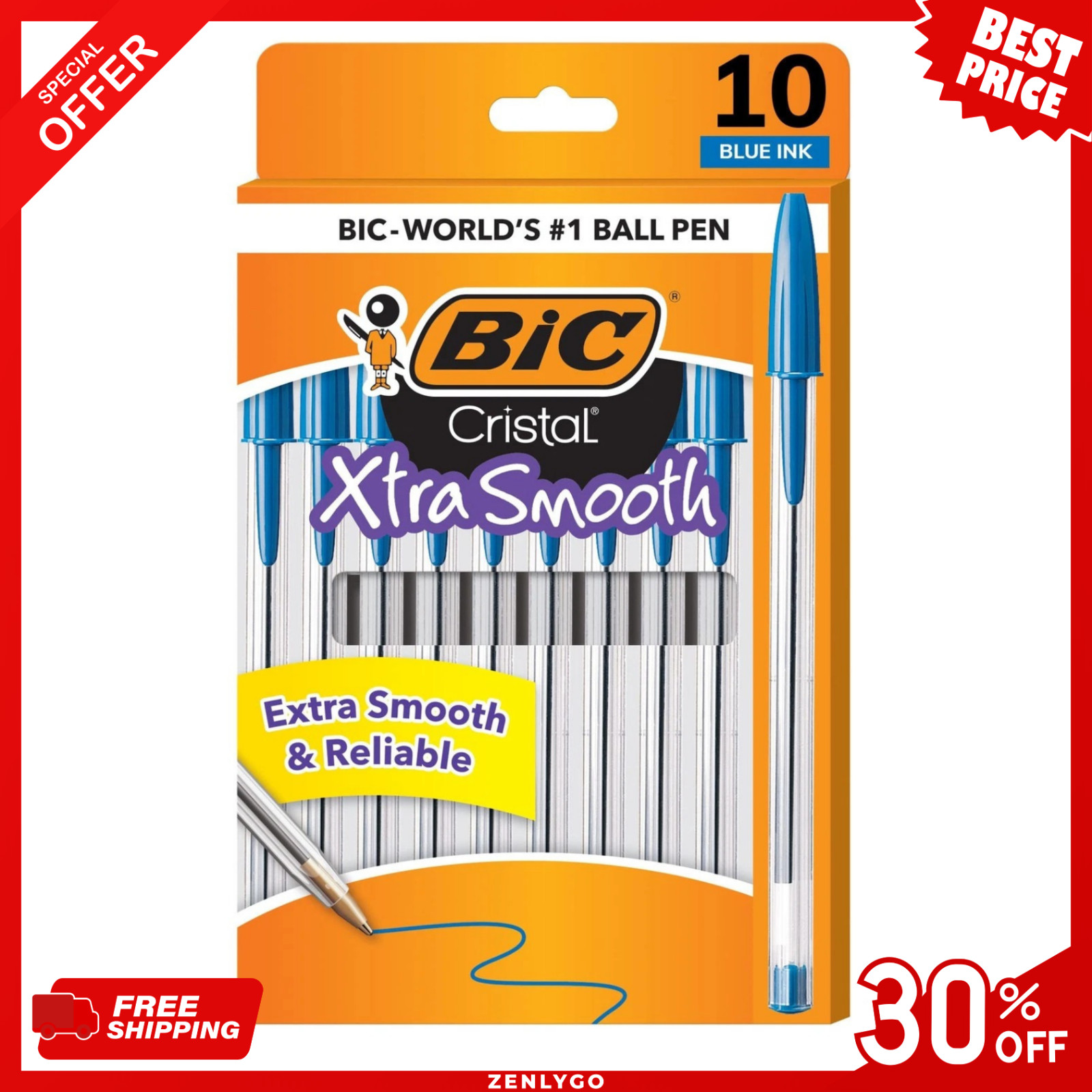 Pack of 10 Ballpoint Pen – Blue Ink Ball Point Pens for Office Writing School