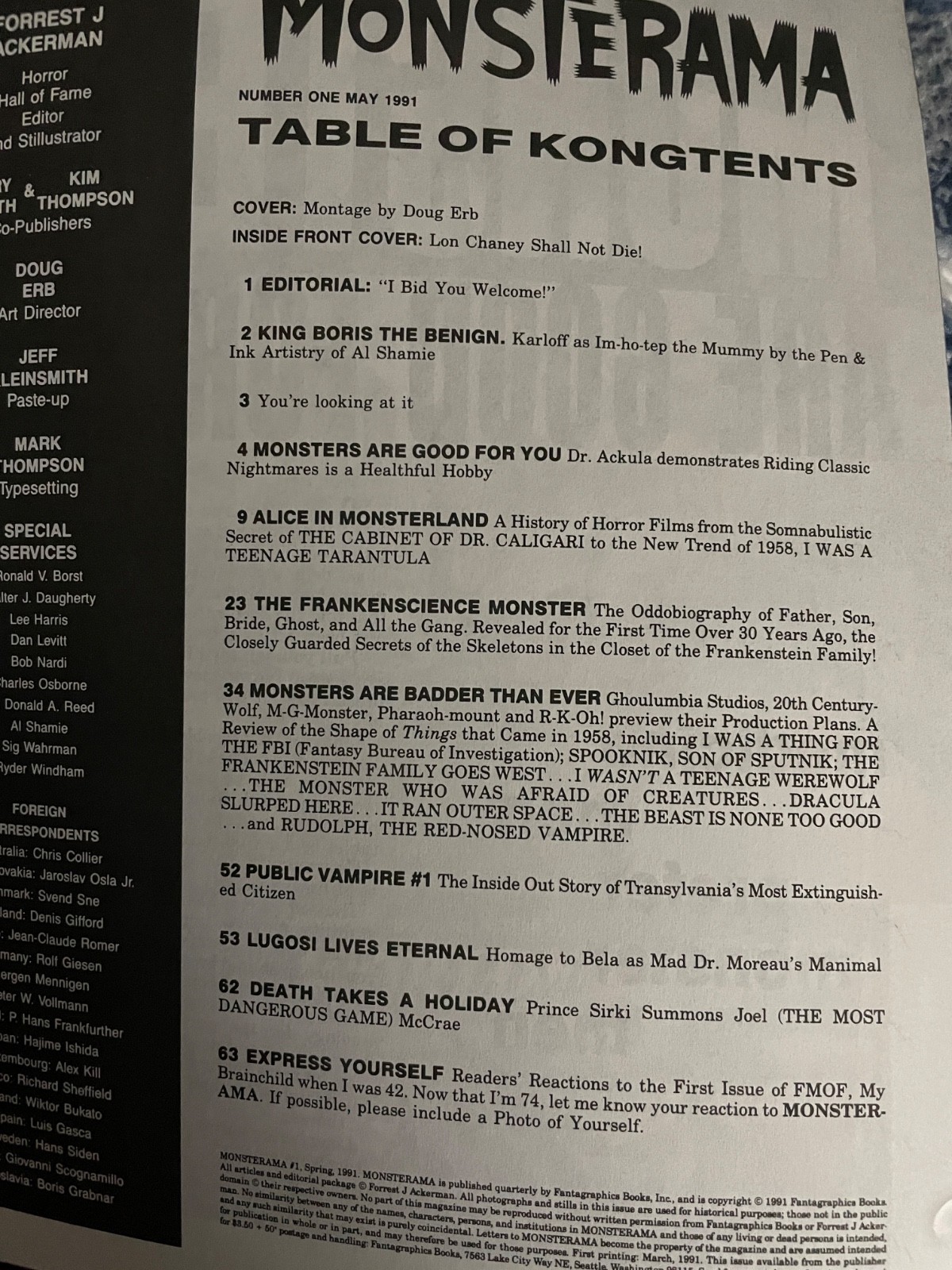 Monsterama Magazine Forrest Ackerman’s Monsterama #1 May 1991