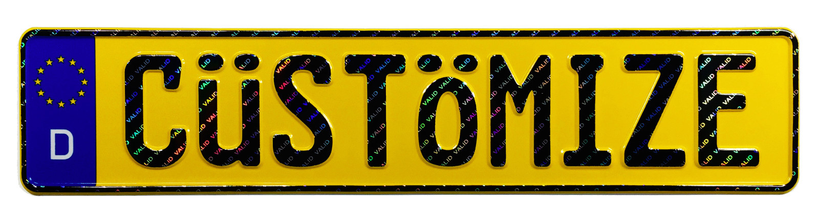 Custom Yellow European German License Plate with VALID Hologram