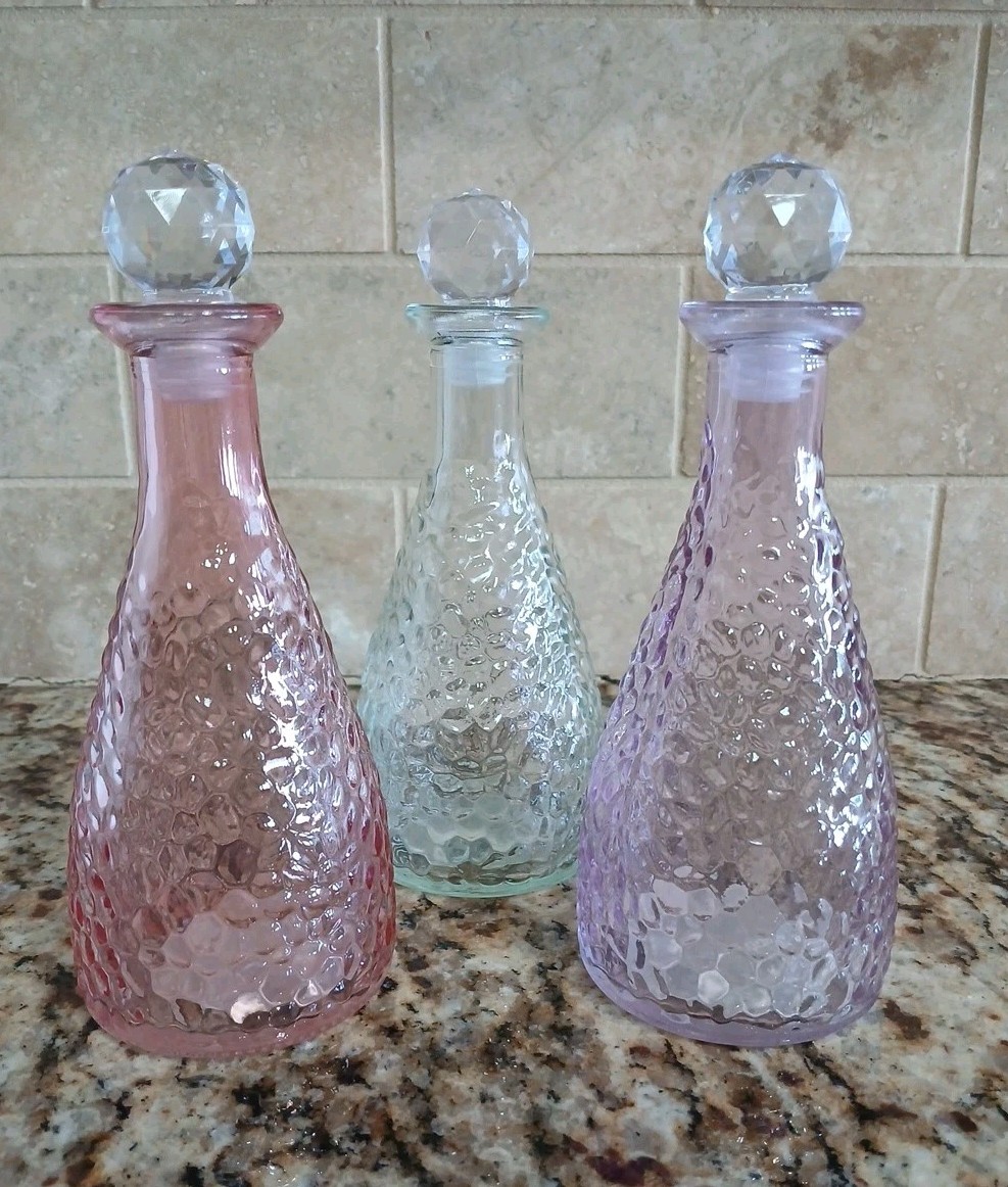 Vintage Style Set of 3 Pebbled Glass Bottles with Stoppers