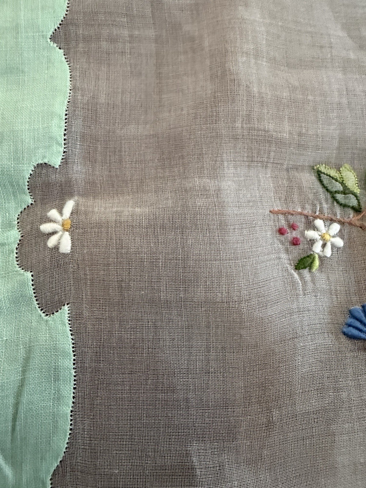 Vintage Madeira Hand Embroidered Organdy Linen Tablecloth 50×50 Floral Pastel