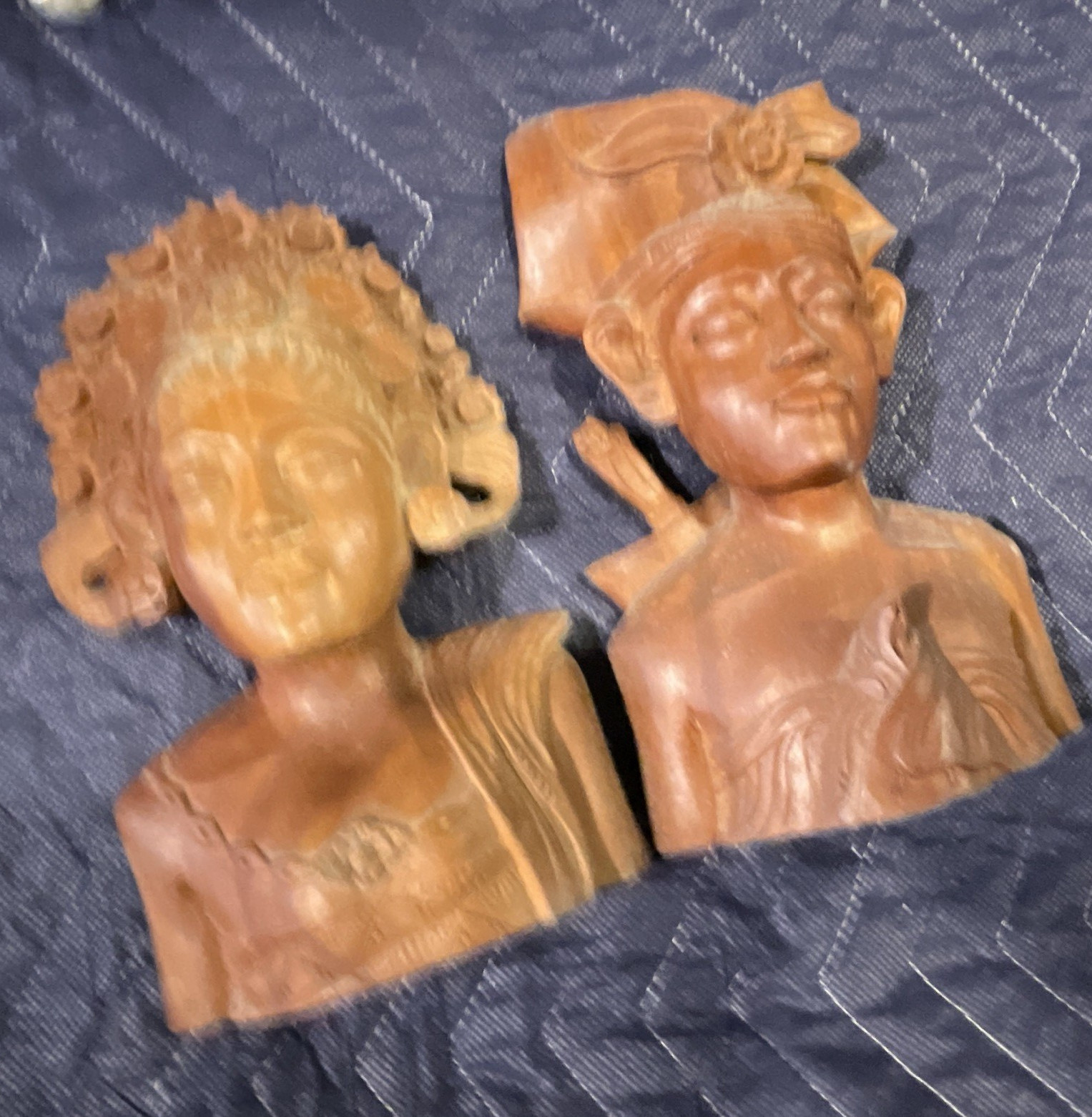 Carved Wood Bust Figurines, Brown Wood-Finished People Sculptures