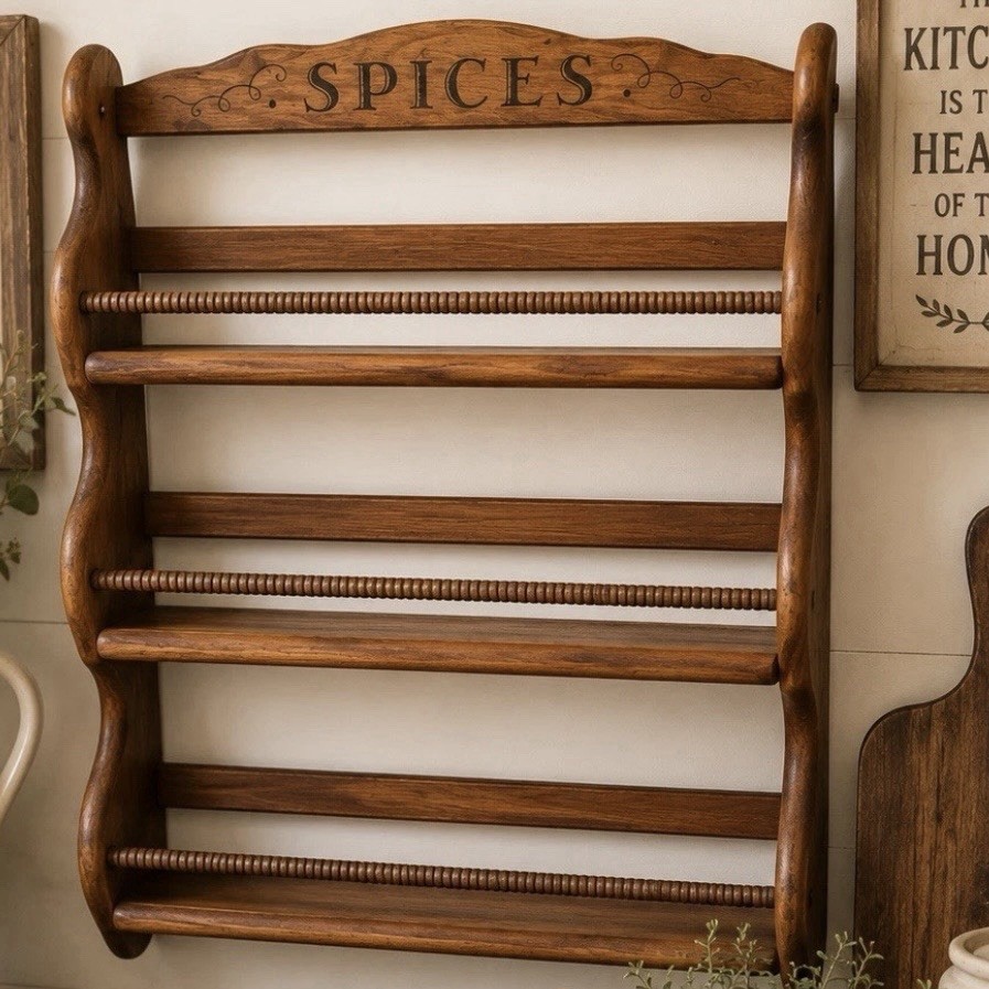 Vintage Wooden Spice Rack Kitchen Wall Shelf Cottagecore Farmhouse Rustic