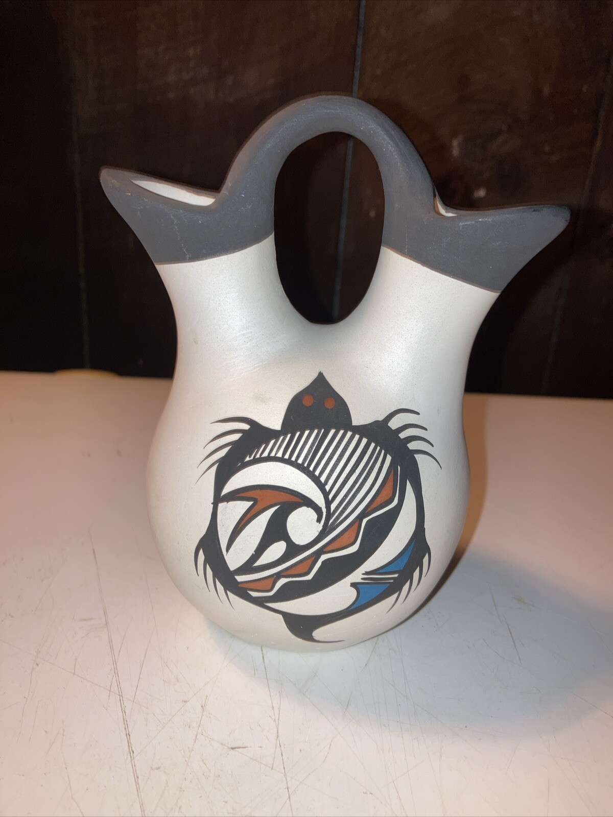 New Mexico Pottery Wedding vase signed N.M. 5 1/2 inch tall, 4 1/2 in w