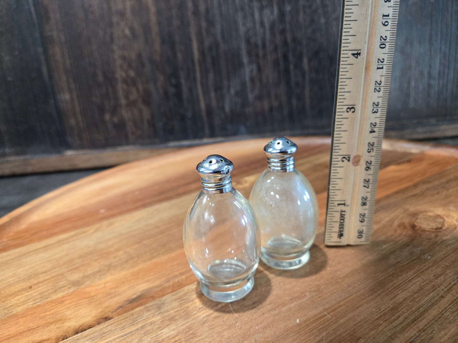 Miniature clear glass salt and pepper shaker