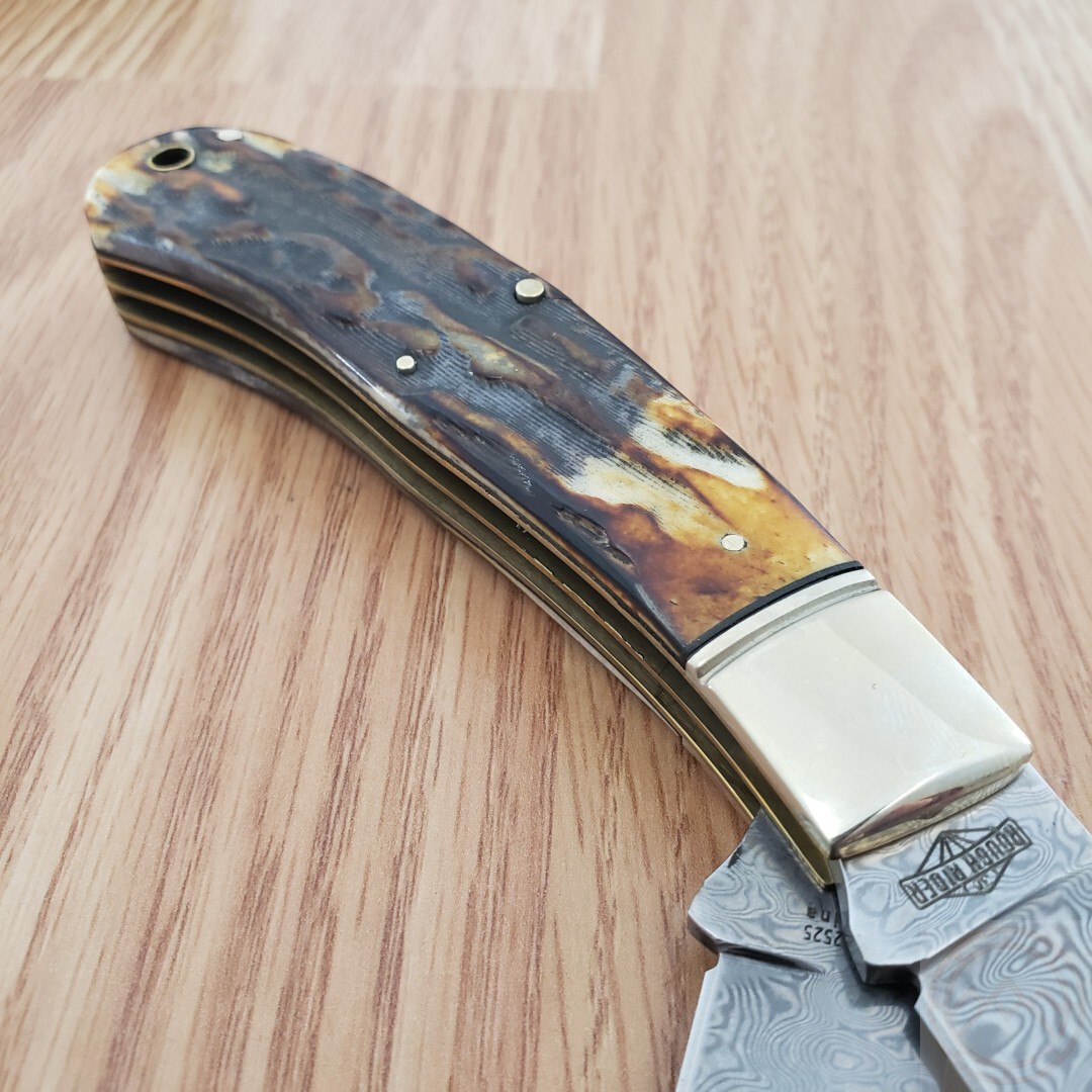 Rough Ryder Upswept Trapper Pocket Knife Damascus Steel Blades Bone Handle 2525