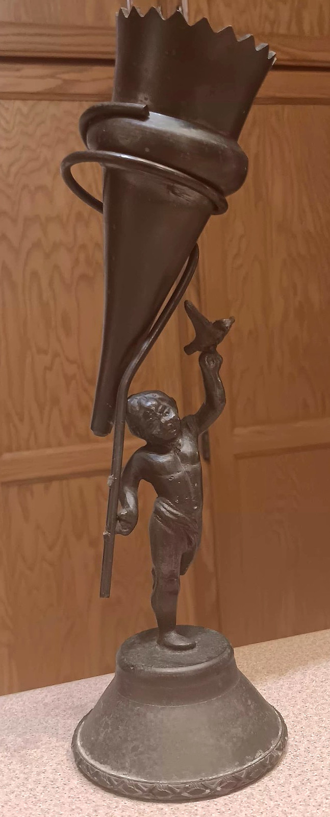 Antique Bronze CHERUB with Bird TORCH Sculpture VASE 11″ tall cemetery? funeral?