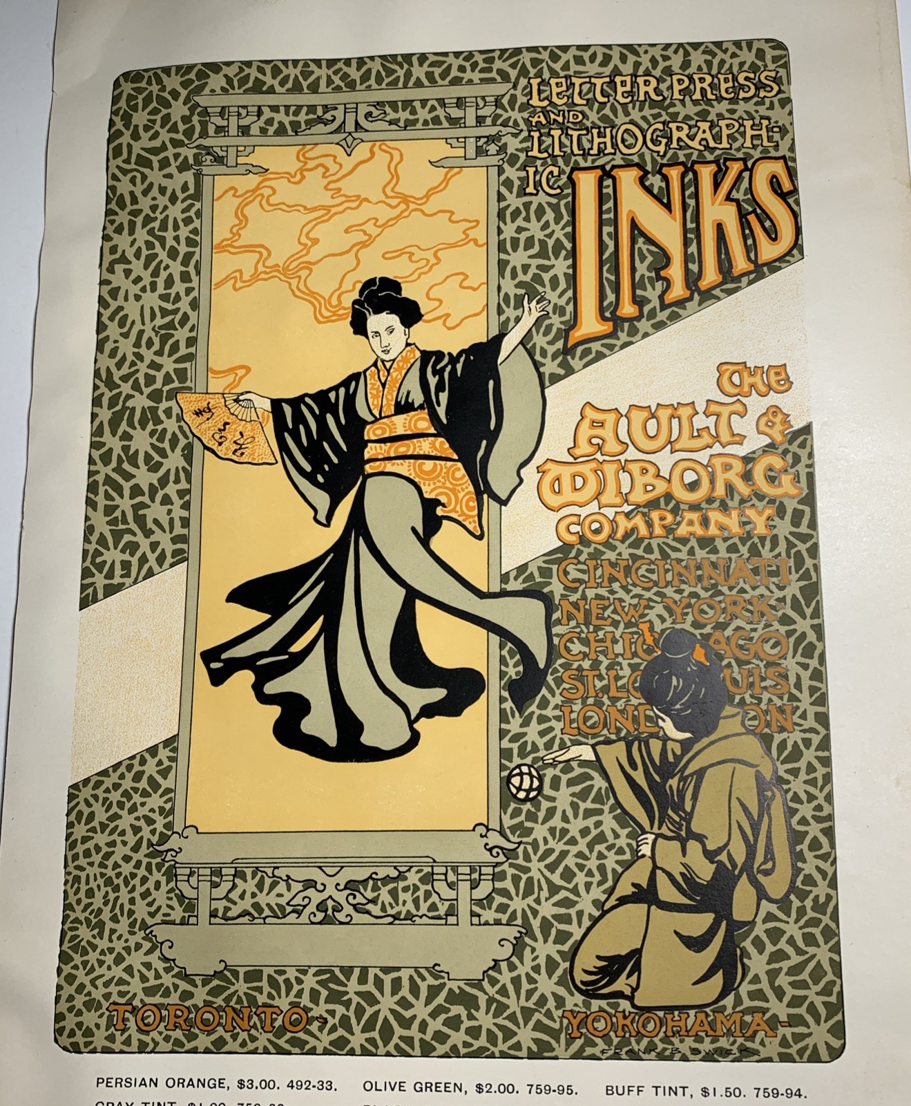 RARE Ault Wiborg Litho Printing INK Poster Sign Original Art Oriental Ladies