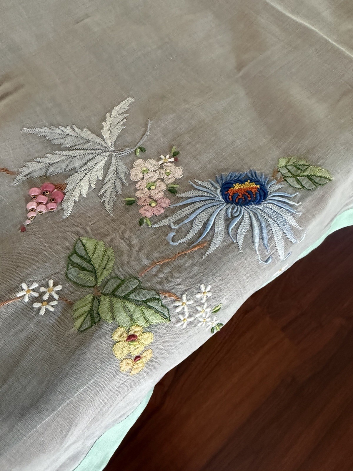 Vintage Madeira Hand Embroidered Organdy Linen Tablecloth 50×50 Floral Pastel