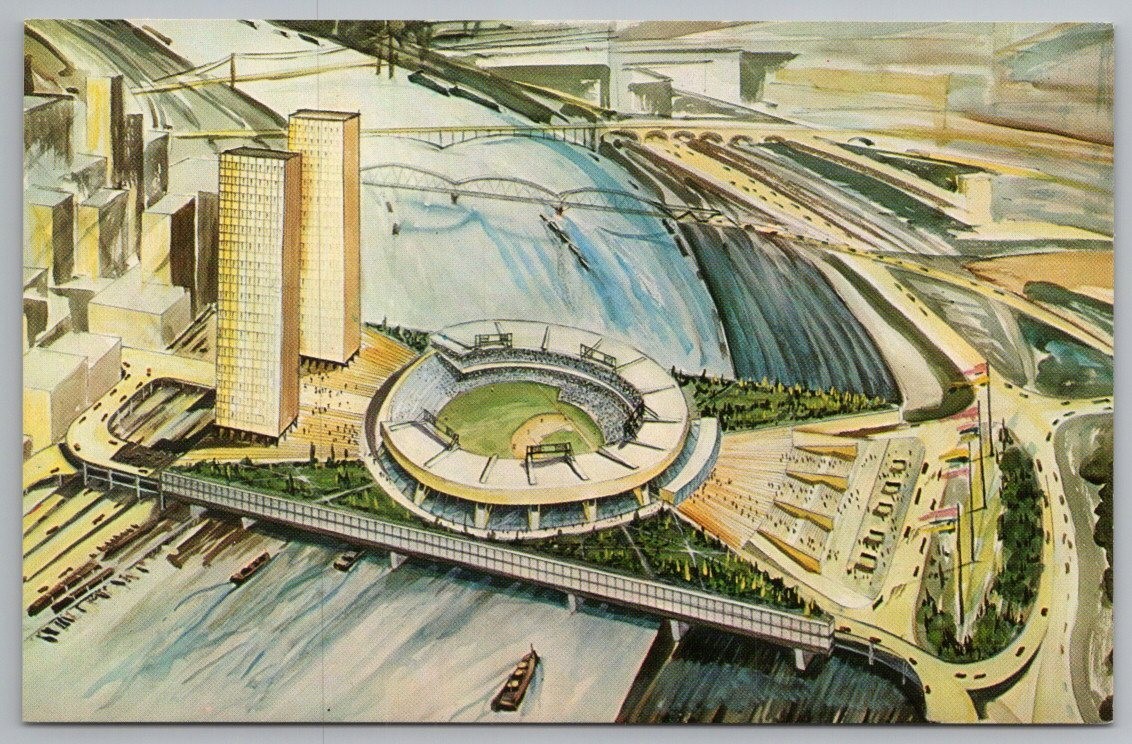 AD Proposed Pittsburgh Pirates Stadium Over River NOT BUILT Design Postcard 10CG