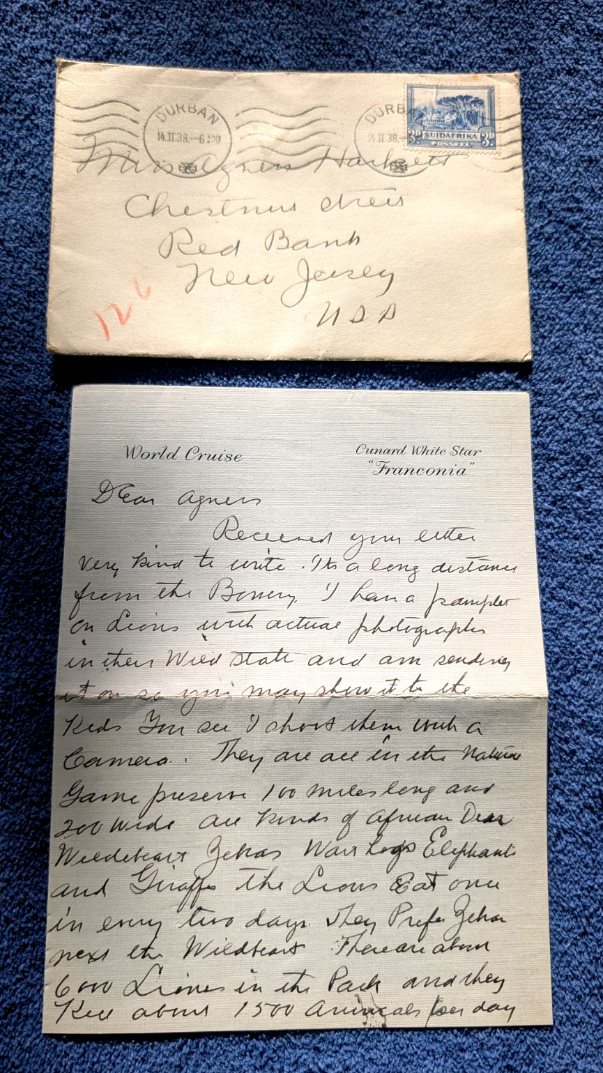 CUNARD WHITE STAR LINE Ocean Liner Ship Cruise RMS FRANCONIA Letter Env 1938