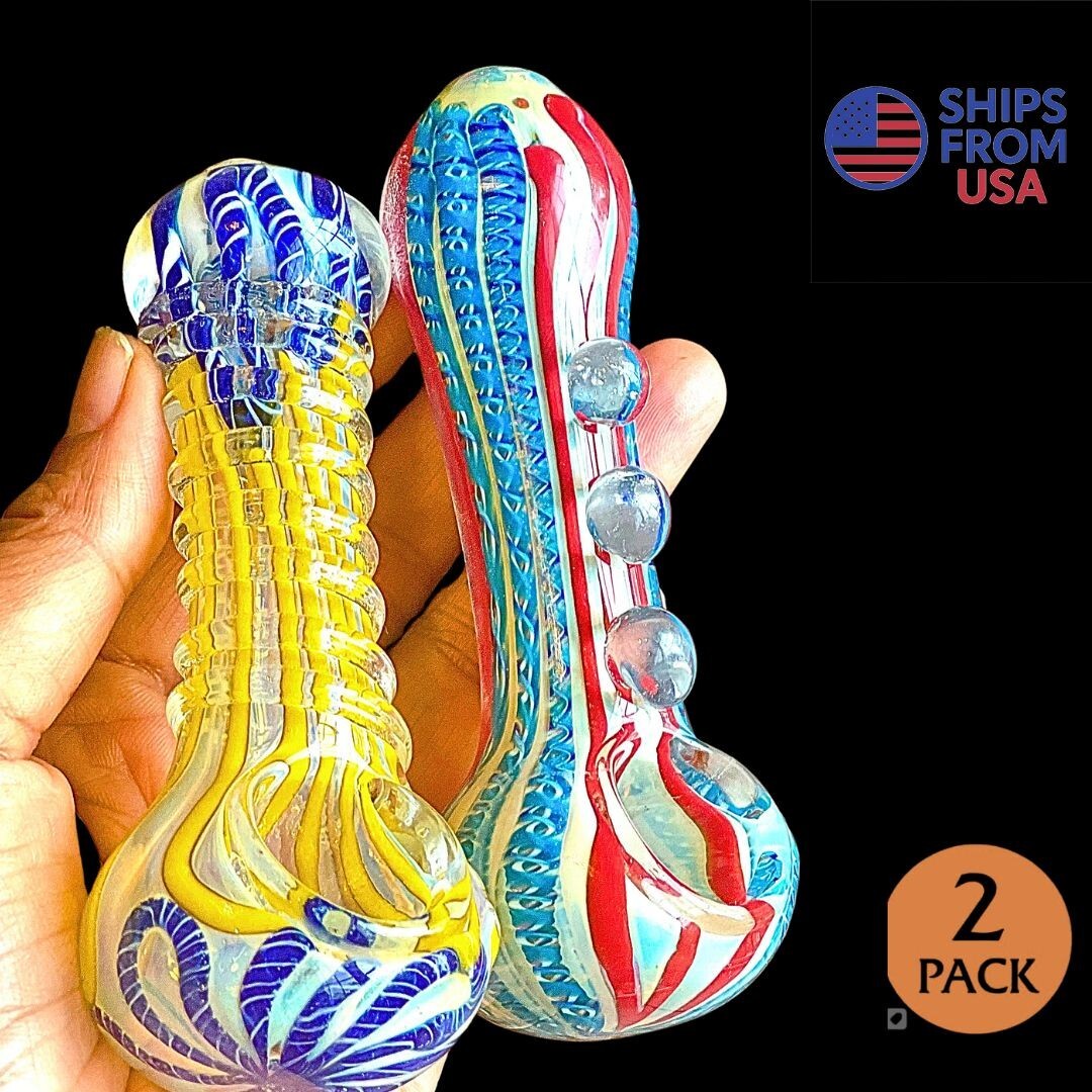 2 PIECE 5″ Thick Heavy Color Burst Tobacco Glass Hand Pipe Glass includes screen