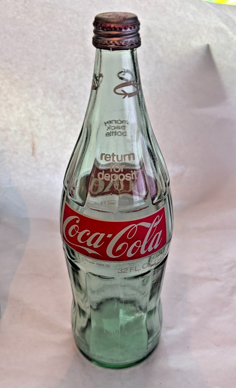 Vintage Coca-Cola 32 oz Glass Bottle w Cap Meridian MS Coke Money Back 1 Qt