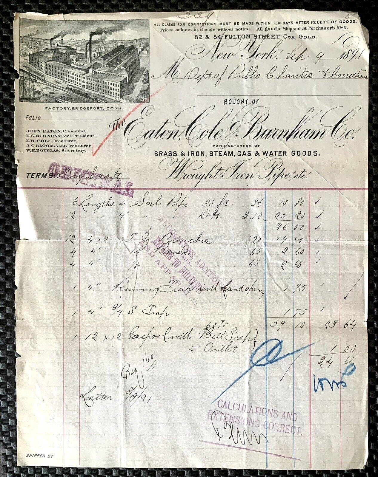 EATON, COLE & BURNHAM CO. BRASS IRON STEAM GAS GOODS SALES RECEIPT FEB 9, 1891