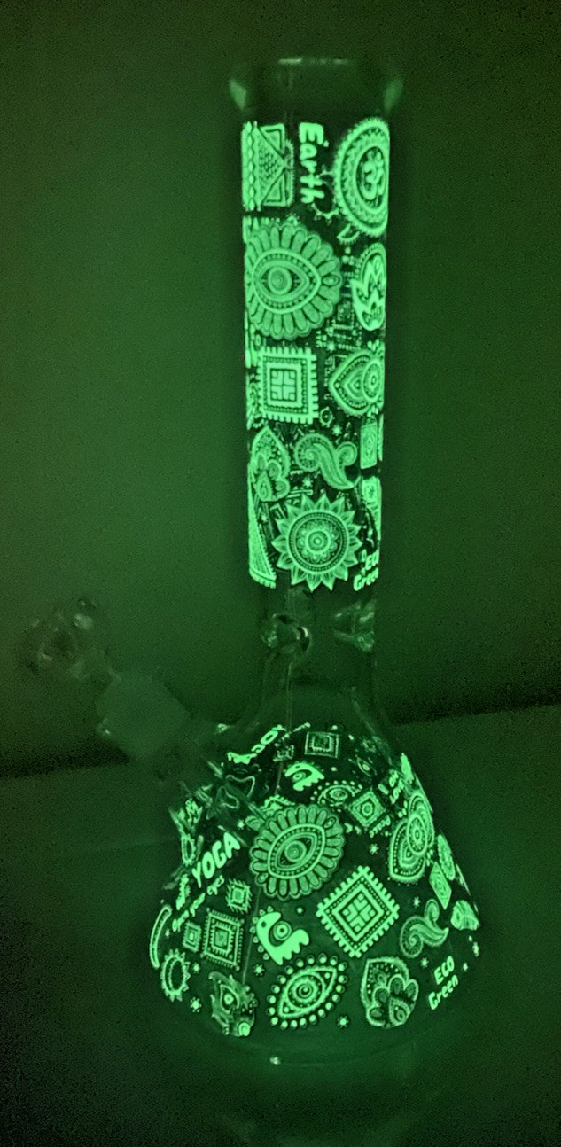 14″Glow in the Dark 7mm Glass Water Pipe Bong Beaker Ice Catcher 5.75″ Base 14mm