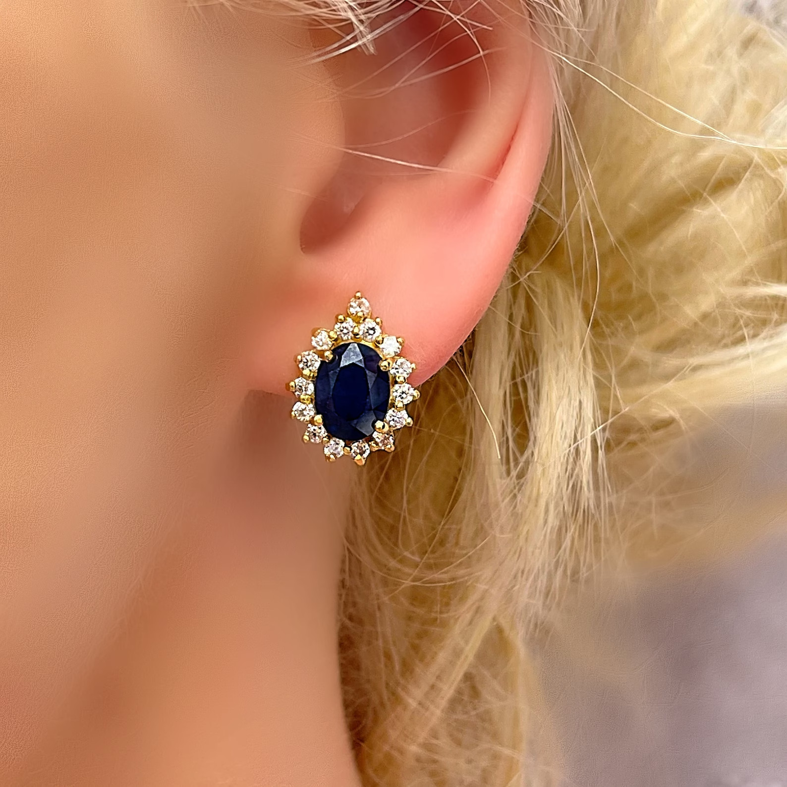 Blue Sapphire Diana Halo 18K Yellow Gold Over Diamond Latch Back Stud Earrings