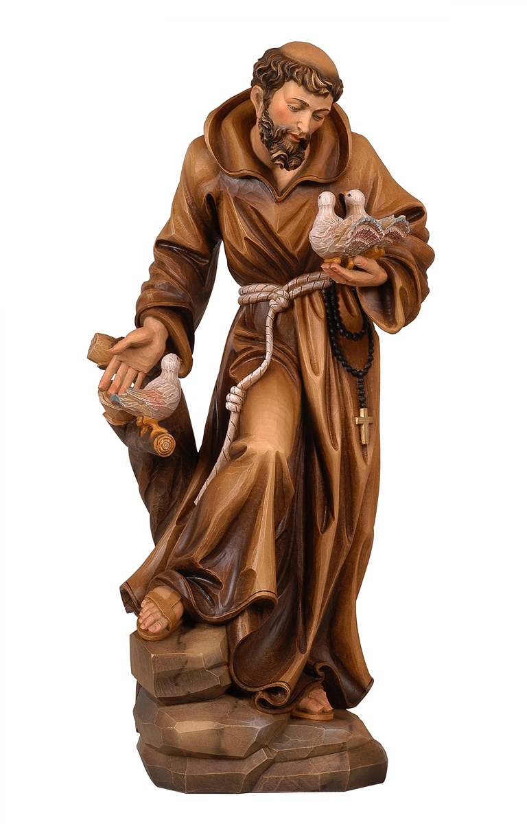 Statue Of Saint Francis Of Assisi 28 Cm (11.02”) In Hand-Painted Wood