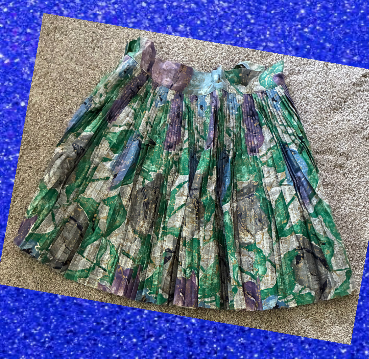 Vintage 1960s Handmade watercolor green, purple pleated half Apron retro hostess