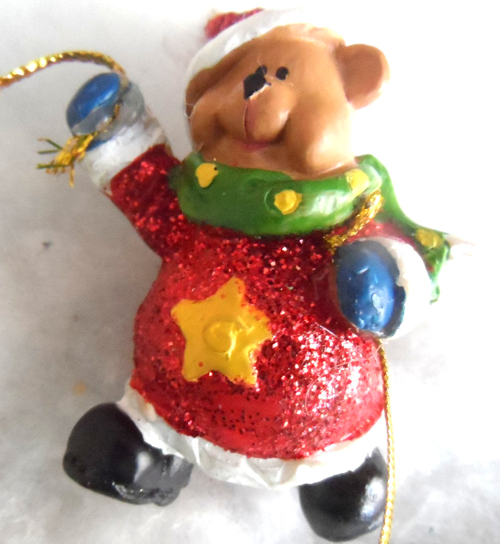 Vintage Christmas Ornament – GLITTER SANTA BEAR w/HANGING BELL – 5.5″