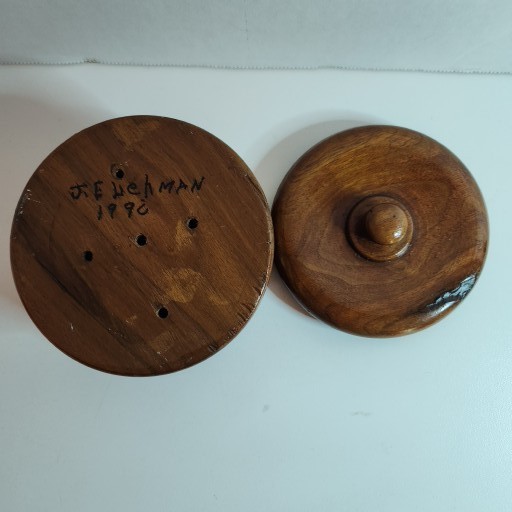 Vintage Hand Turned Solid Wood Round Bowl Trinket Box w/ Lid signed 1990