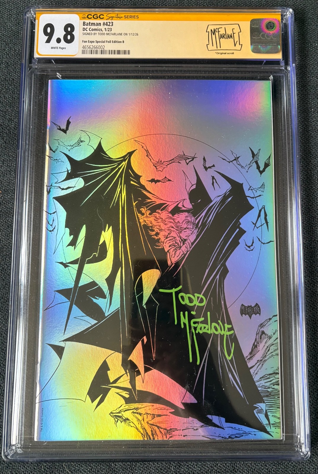 BATMAN #423 CGC 9.8 SS SIGNED TODD McFARLANE 2022 FANEXPO B&W Chrome Foil Ed B