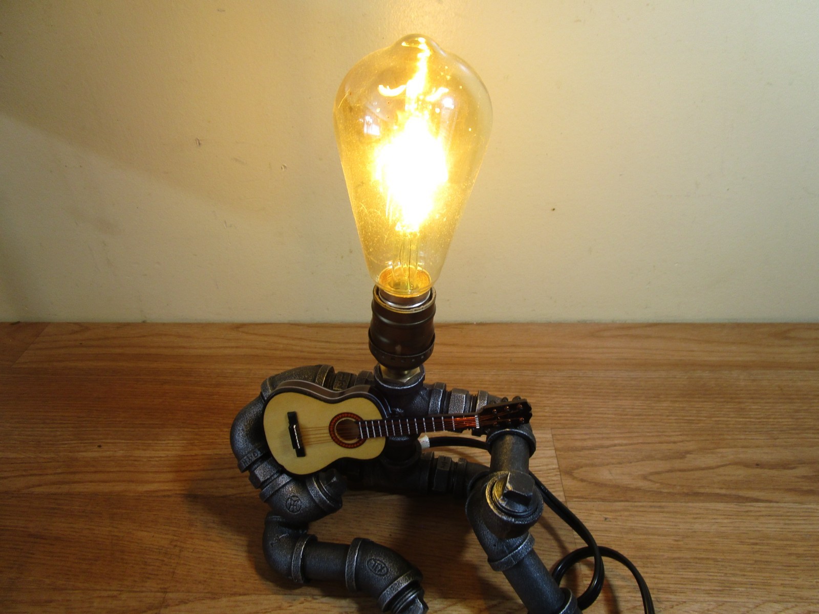 Pipe Man Guitar Steampunk Small Lamp with Edison Bulb, Vintage Industrial Deco