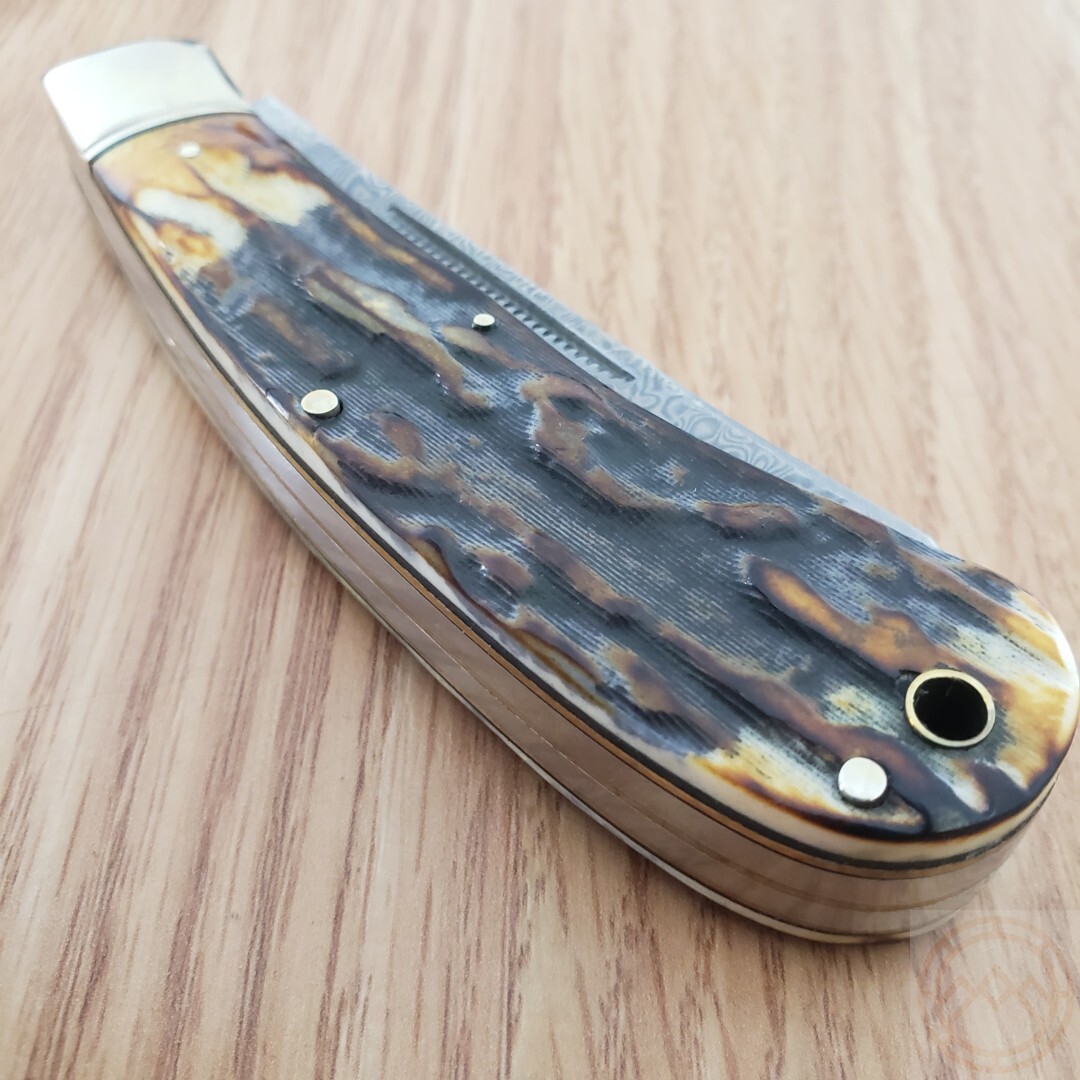 Rough Ryder Upswept Trapper Pocket Knife Damascus Steel Blades Bone Handle 2525