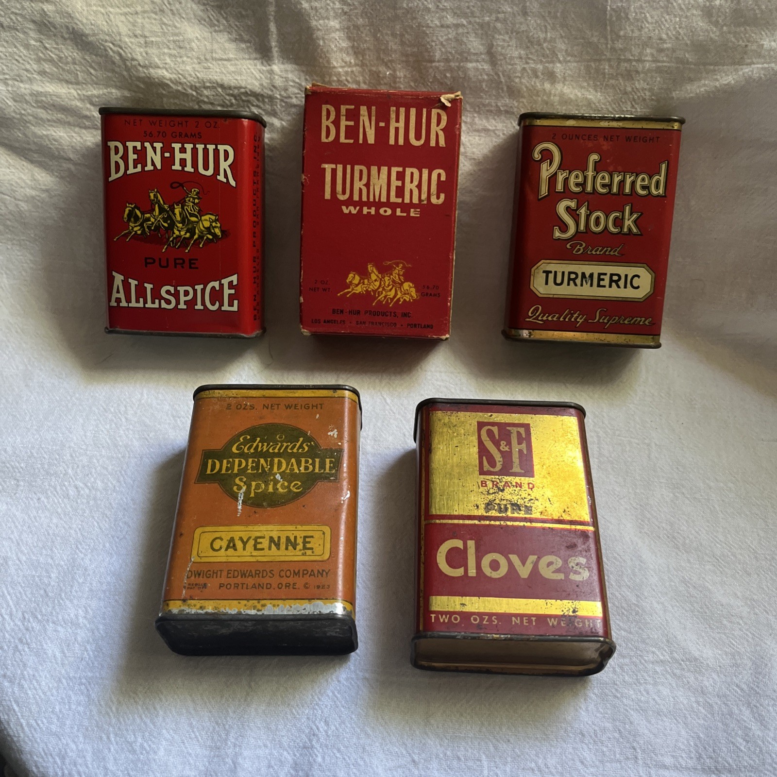 Lot of 5 Vintage Spice Tins /Boxes Ben-Hur, Edwards, Preferred Stock, SF