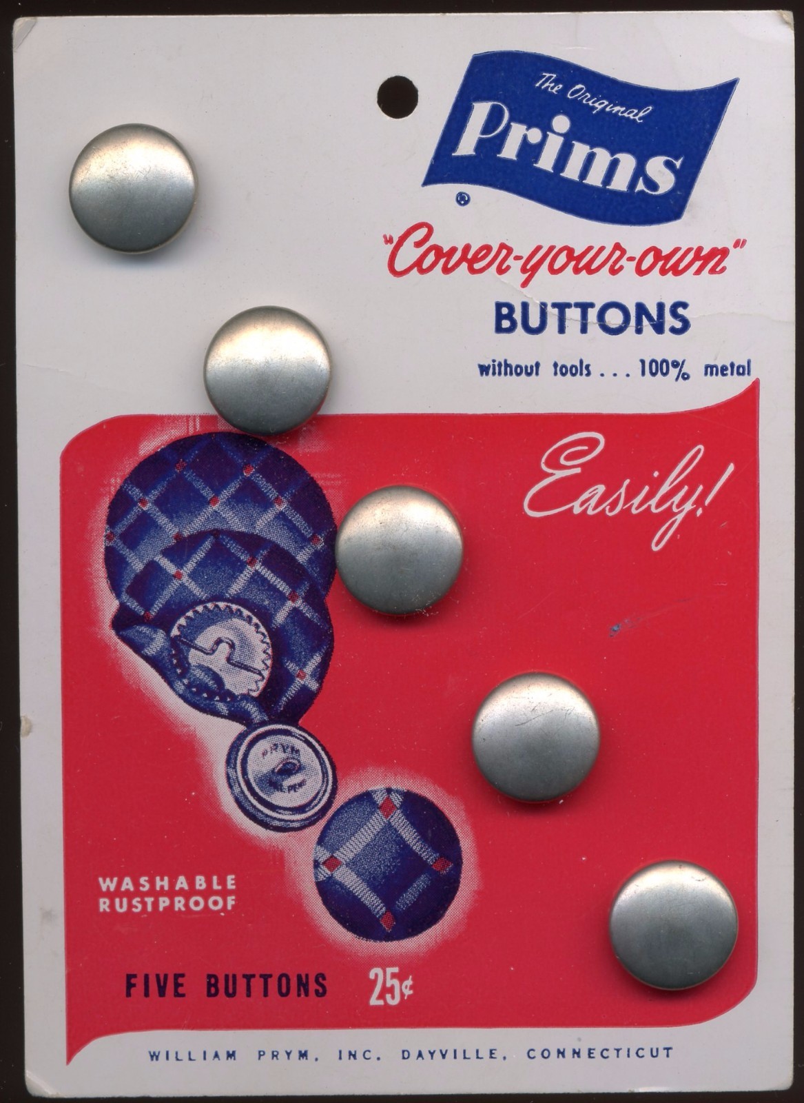 5 BUTTONS THE ORIGINAL PRIMS COVER YOUR OWN BUTTONS 9/16″ ON CARD NEW NEVER USED