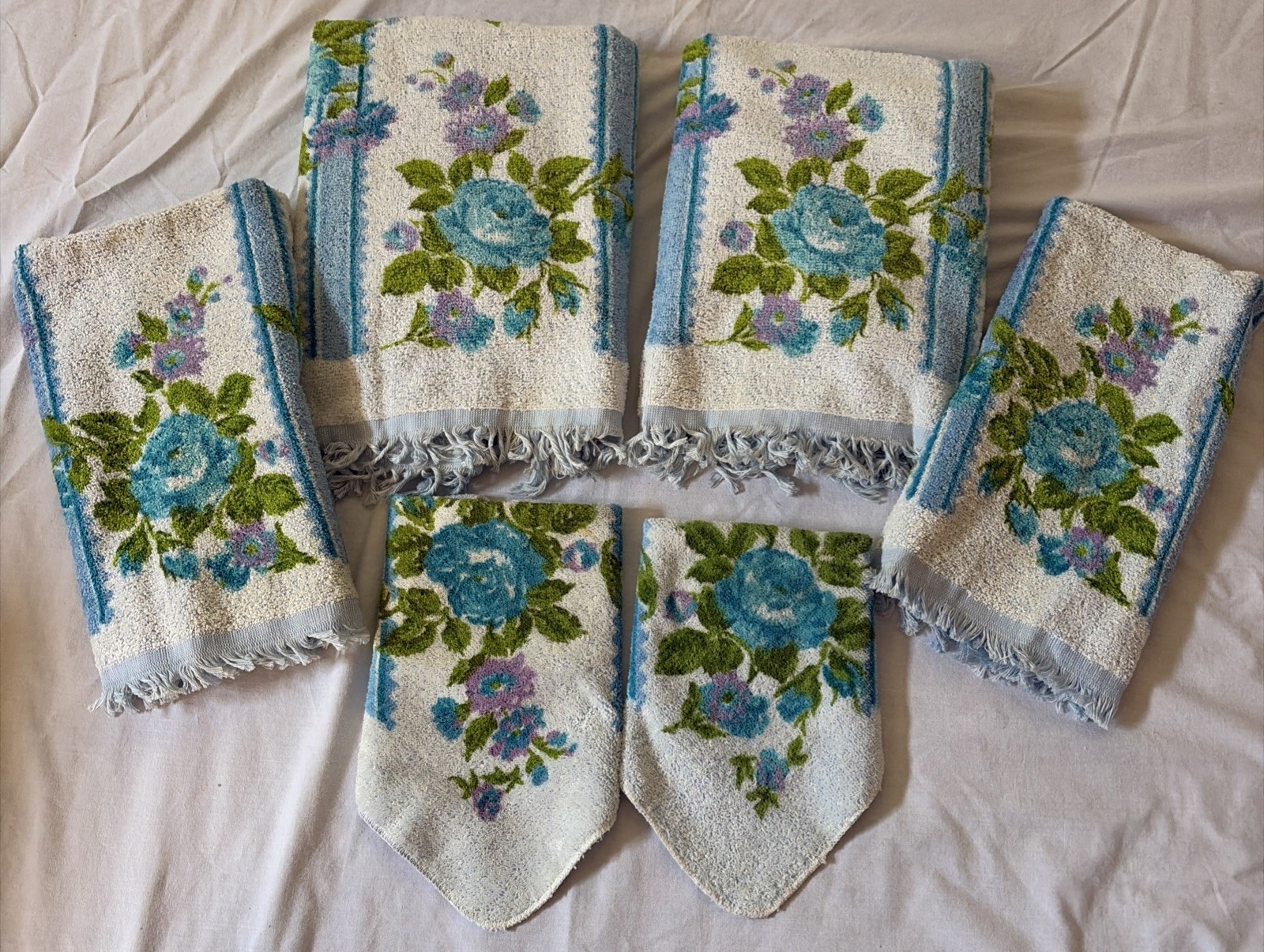 VTG Cannon Blue Rose TowelSet-Bath+Hand+Wash-6pc Wedding Gift-Granny/Cottagecore