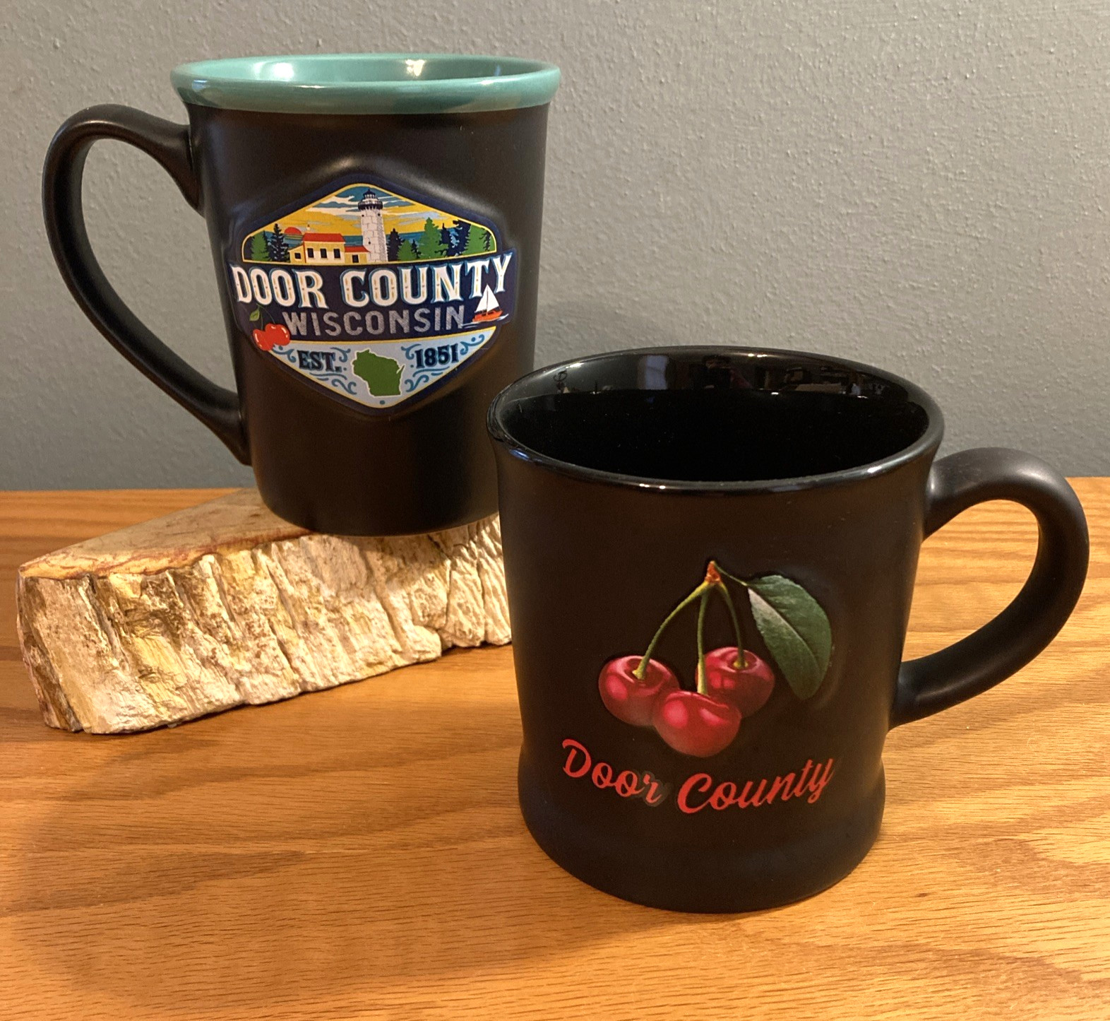 Mixed Set Of 2 Large Door County Wisconsin Mugs, Black with graphics