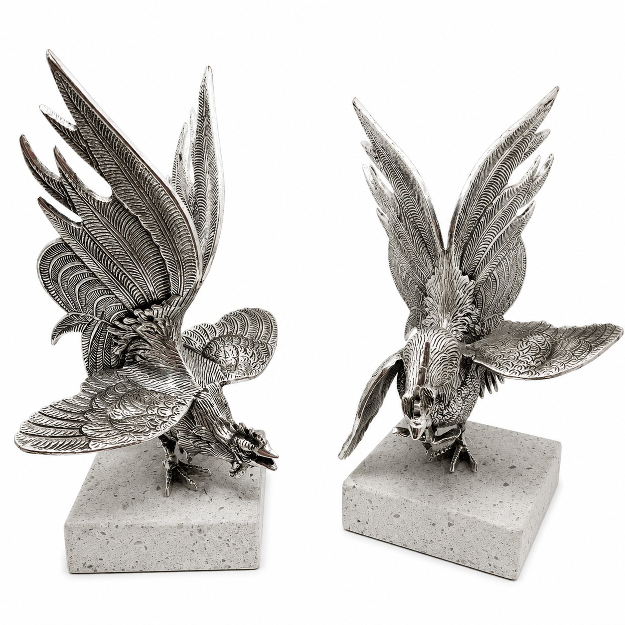 Pair Vintage Silver Tone Rooster Gamecock Sculptures Marble Bases Hollywood…