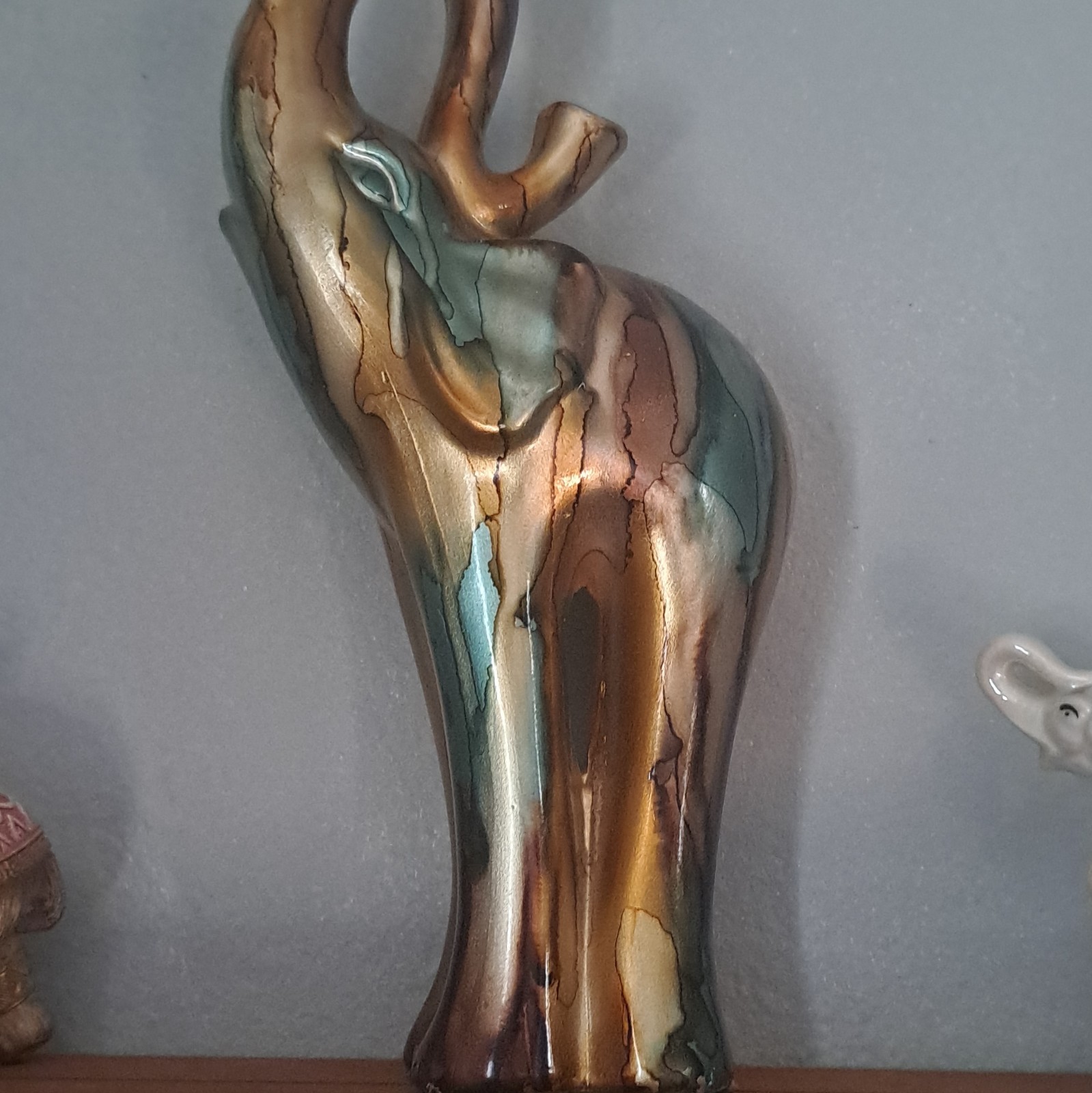 Multicolor Metallic Finish Elephant Figurine Sculpture Raised Trunk Collectible