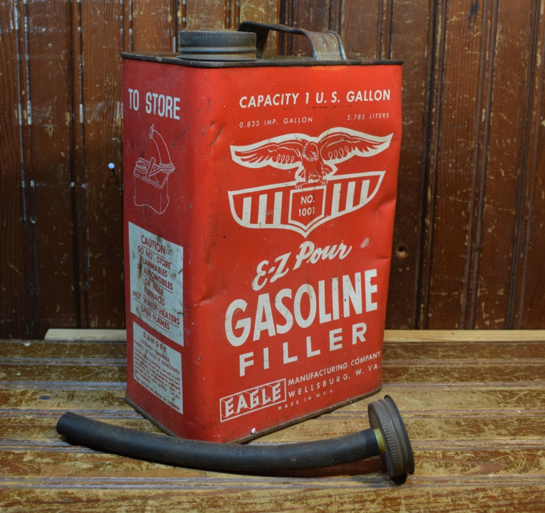 EAGLE E-Z POUR GASOLINE FILLER 1 GALLON EMPTY PAINTED METAL CAN SIGN DENTS DINGS