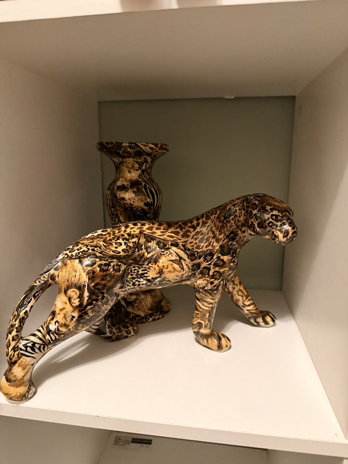 Safari Leopard Figurine & Matching Candle Holder Set Animal Print Jungle Decor