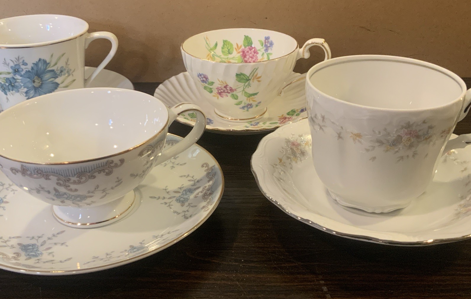 Eclectic Mixed Lot of 4 Vintage English Fine Bone China Tea Cup and Saucer Sets