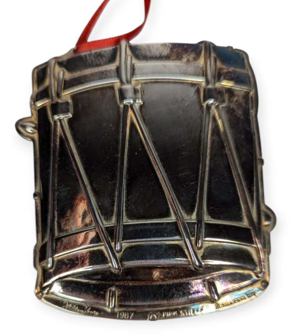 Vintage Kirk Stieff Williamsburg Tin Drum Silver Plated Christmas Ornament 3″