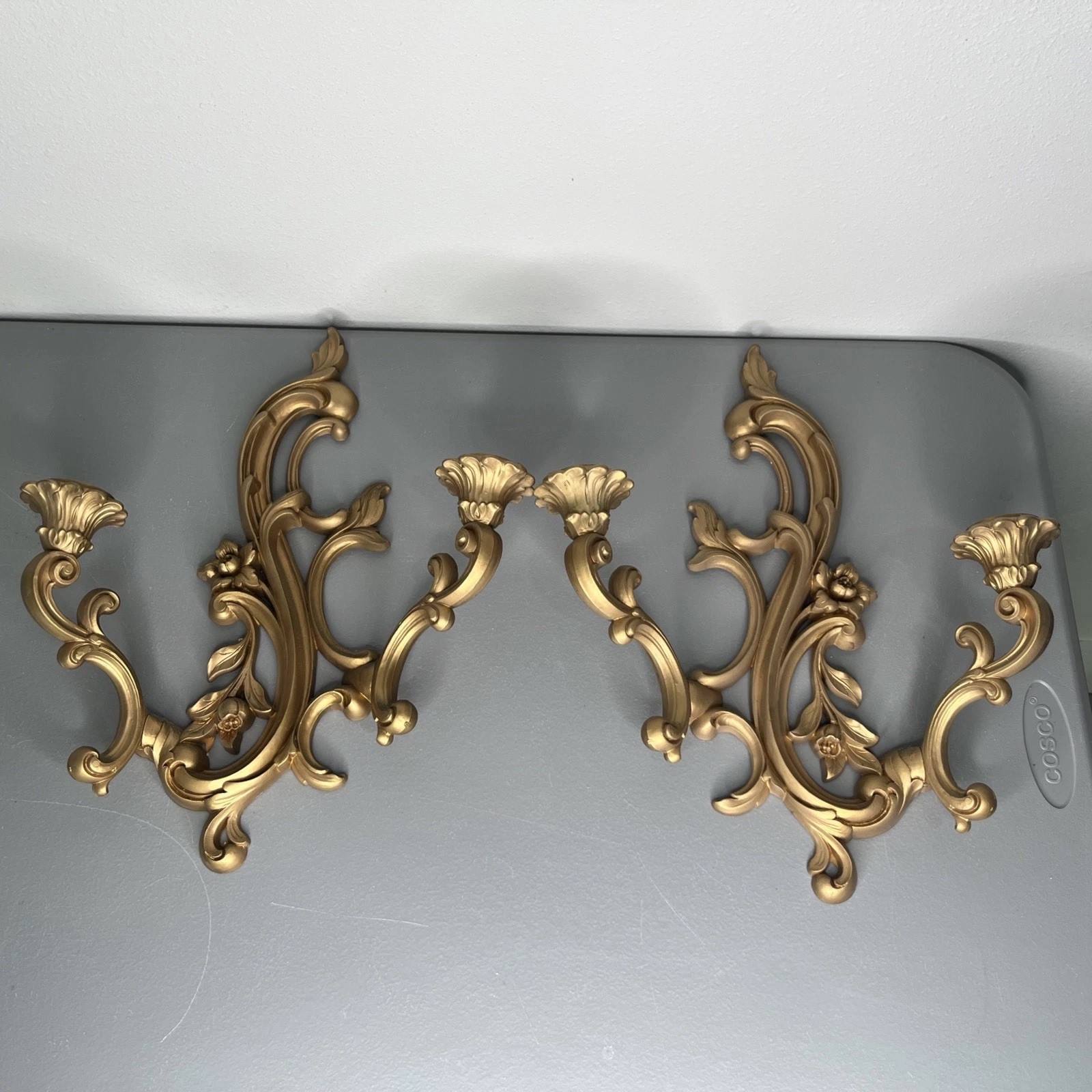 Vintage Pair of DART 3931 Hollywood MCM Ornate Gold Wall Sconce Candle Holders