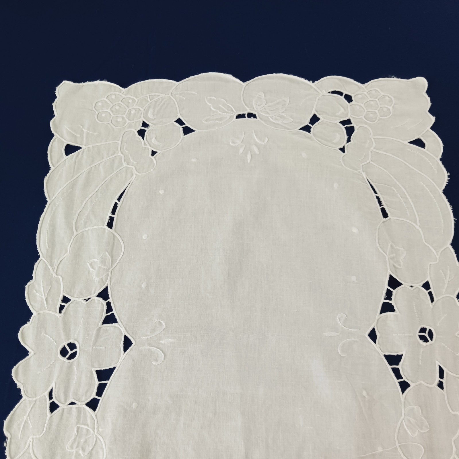 Vintage Richelieu Embroidery Table Runner Cutwork Lace Fruit White Linen 52″x16″