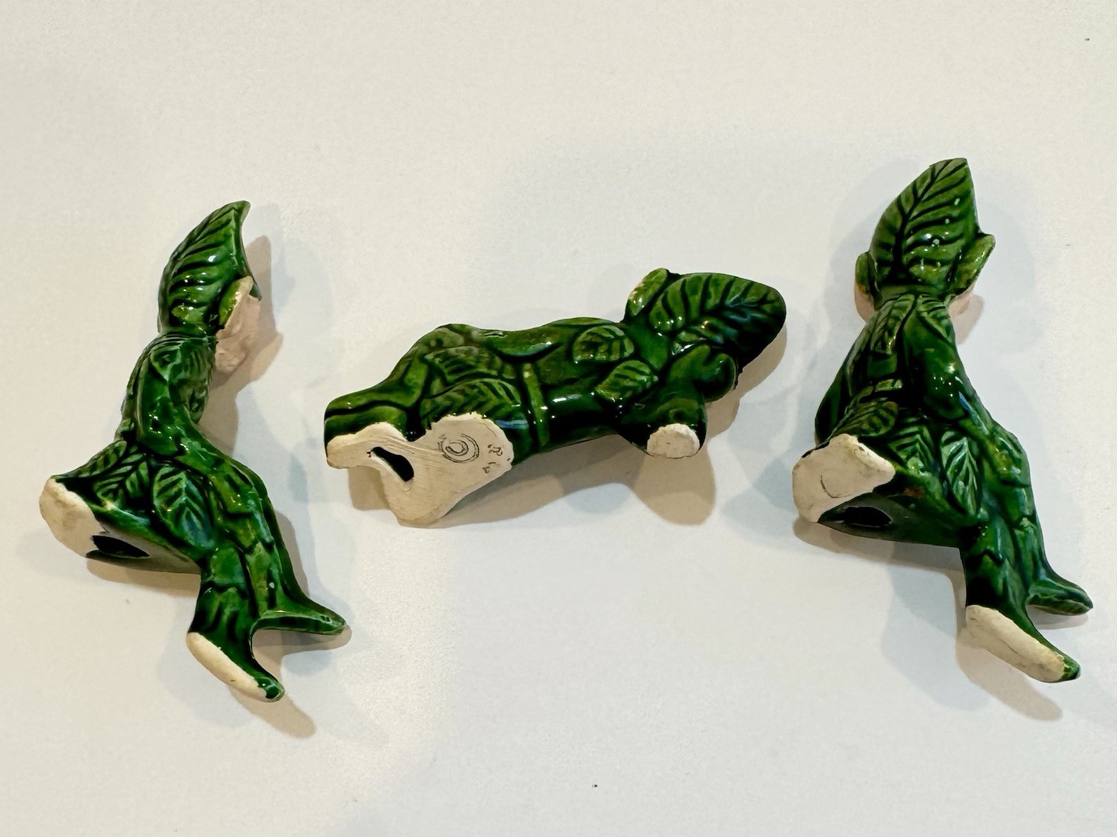 Vintage 50s Pixie Elf Japan Bisque Figurine Lot of 3 Green Ceramic Kitsch Fairy