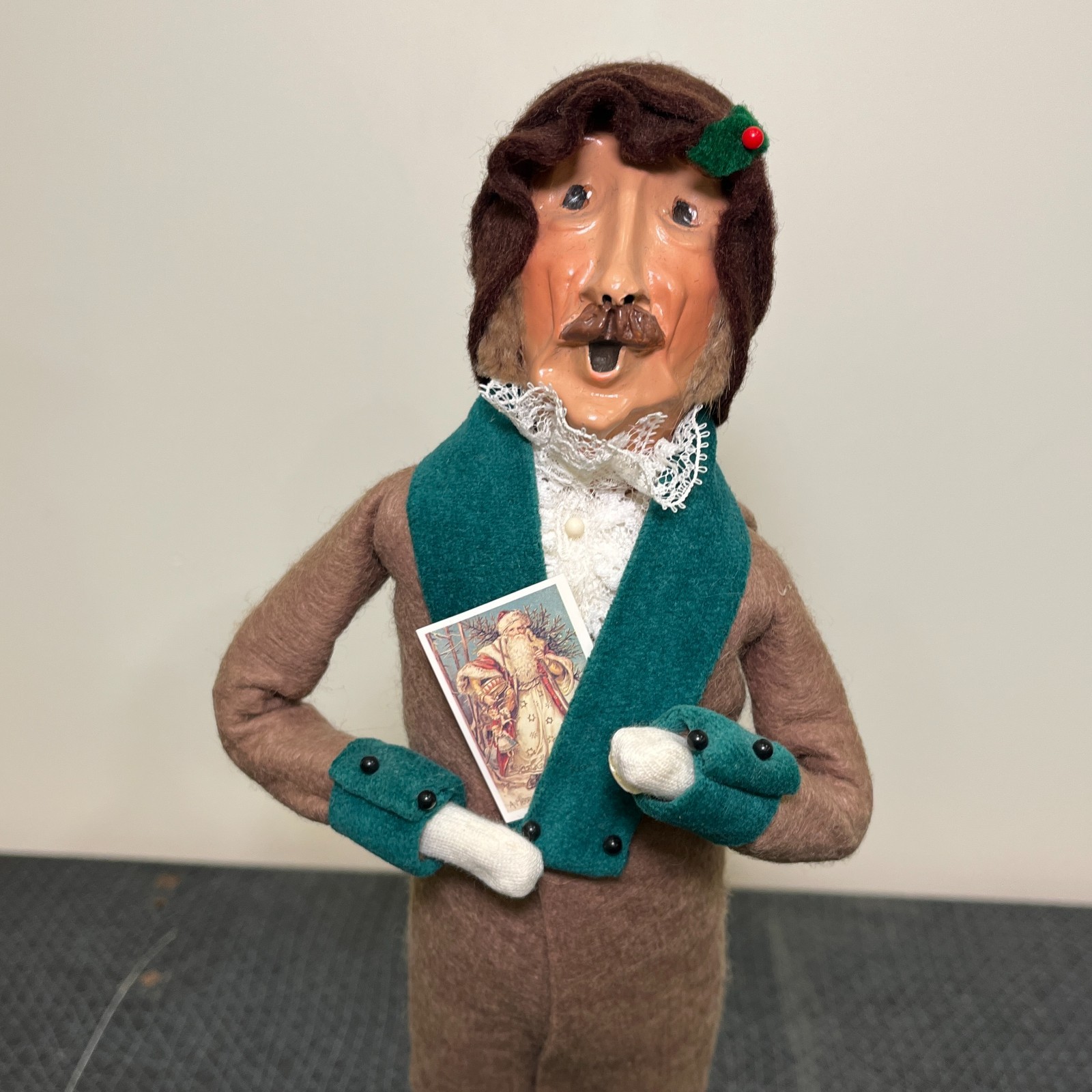 Byers Choice Caroler Man brown Mustache, Christmas Card, Green Collar, 1992