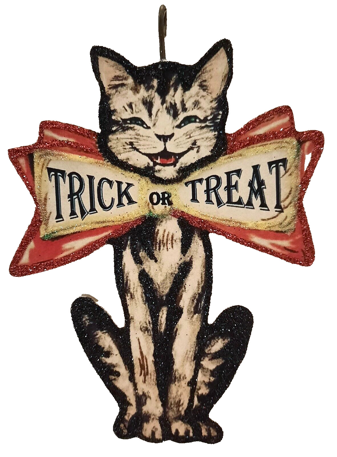 GRINNING CAT w TRICK or TREAT BOW TIE * Glitter HALLOWEEN ORNAMENT * Vtg Img