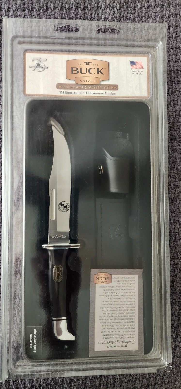 Buck 119 75th Anniversary Knife. NOS. Sealed Never opened. Boone & Crockett tin.