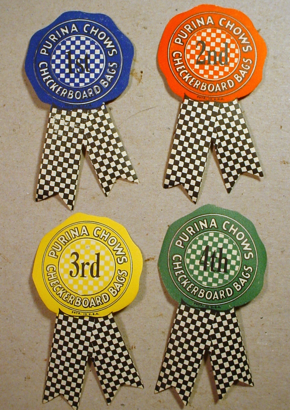 Purina Chows Checkerboard Bags Paper Ribbon Arwards 1940’s early 1950 RARE Farm