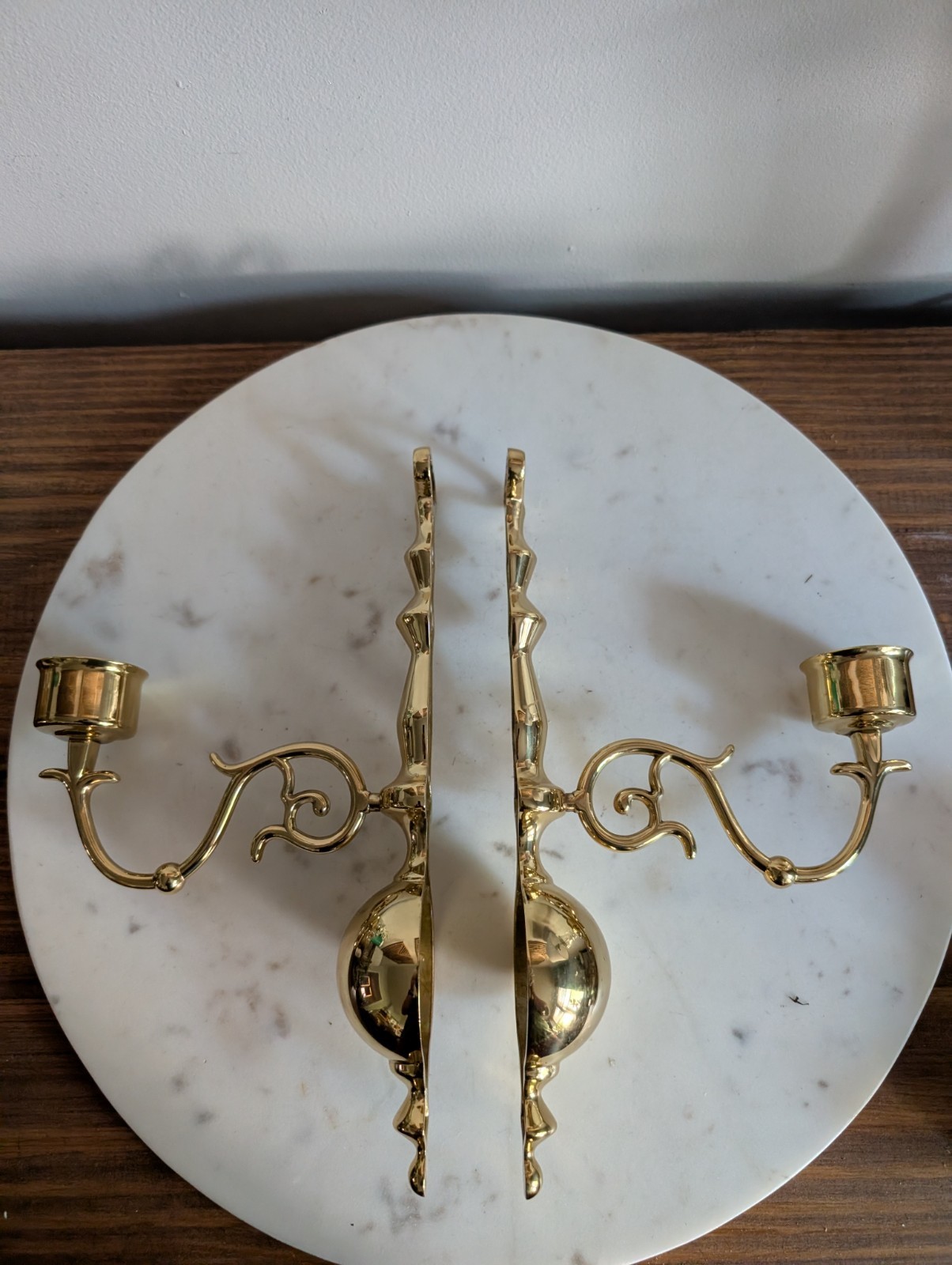 Pair Vintage Solid Brass Wall Candle Sconces Single Arm Colonial Candle Holders