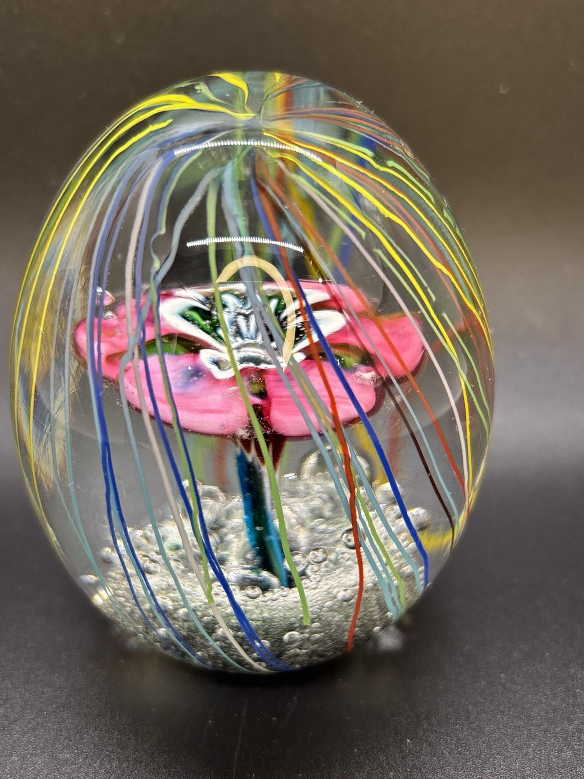 Vintage Ferro & Lazzarini Murano Art Glass Egg Paperweight Pink Flower Streamers