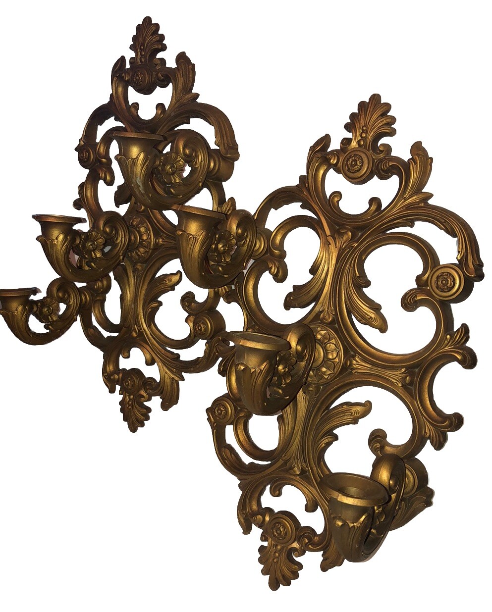 Vtg Pair 😊 Wall Sconce 19” Gold Filigree Homco Triple Candle Holder Fun