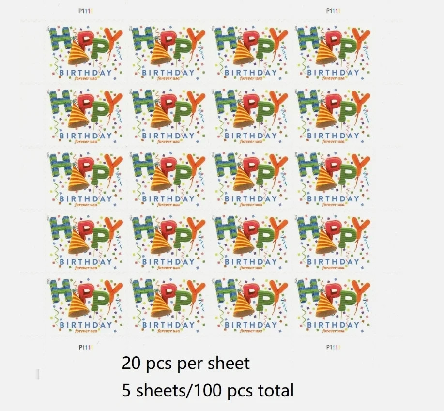 Sheet Of 100 Unused Forever First Class Happy Birthday Celebration Postage Stamp