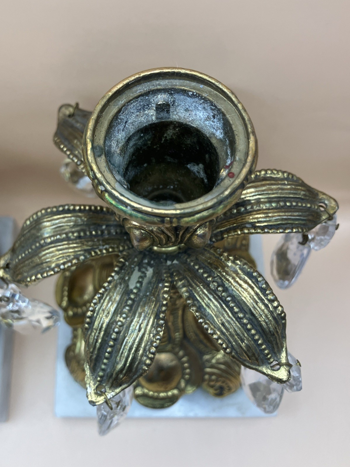 Vintage Brass Marble & Crystal Candlesticks Set of 2 All Crystals Present EUC!